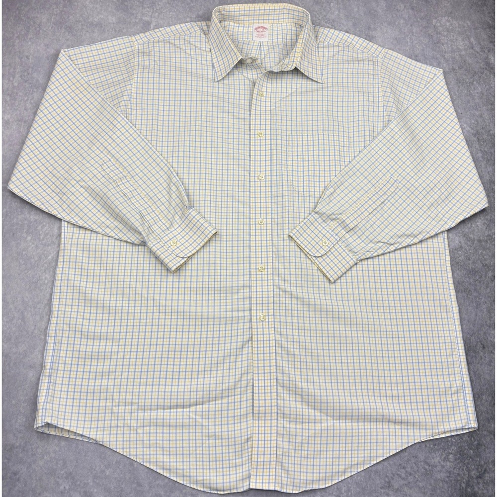 Brooks Brothers 17.5 34 Traditional Fit Mens Blue Yellow Check Non Iron Shirt